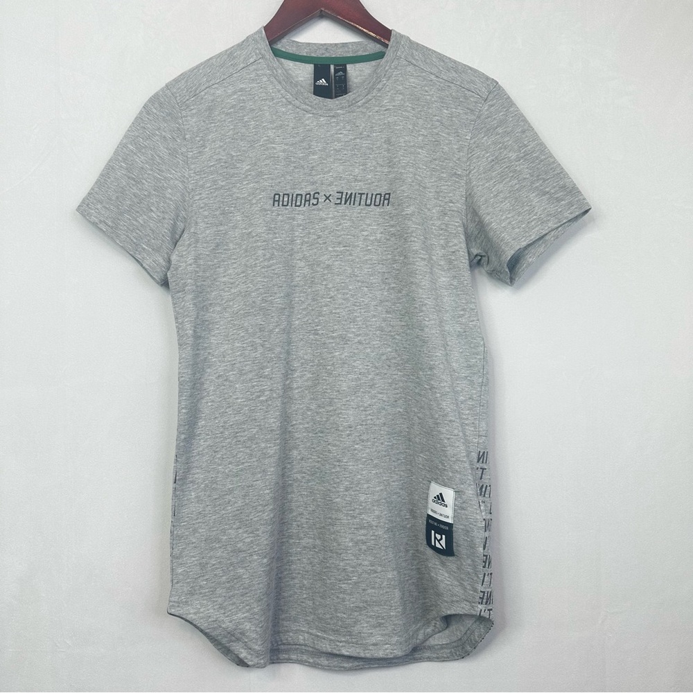 Adidas Routine Shirt Athletic Crew Short Sleeve Gym Running Drop Cut Gray